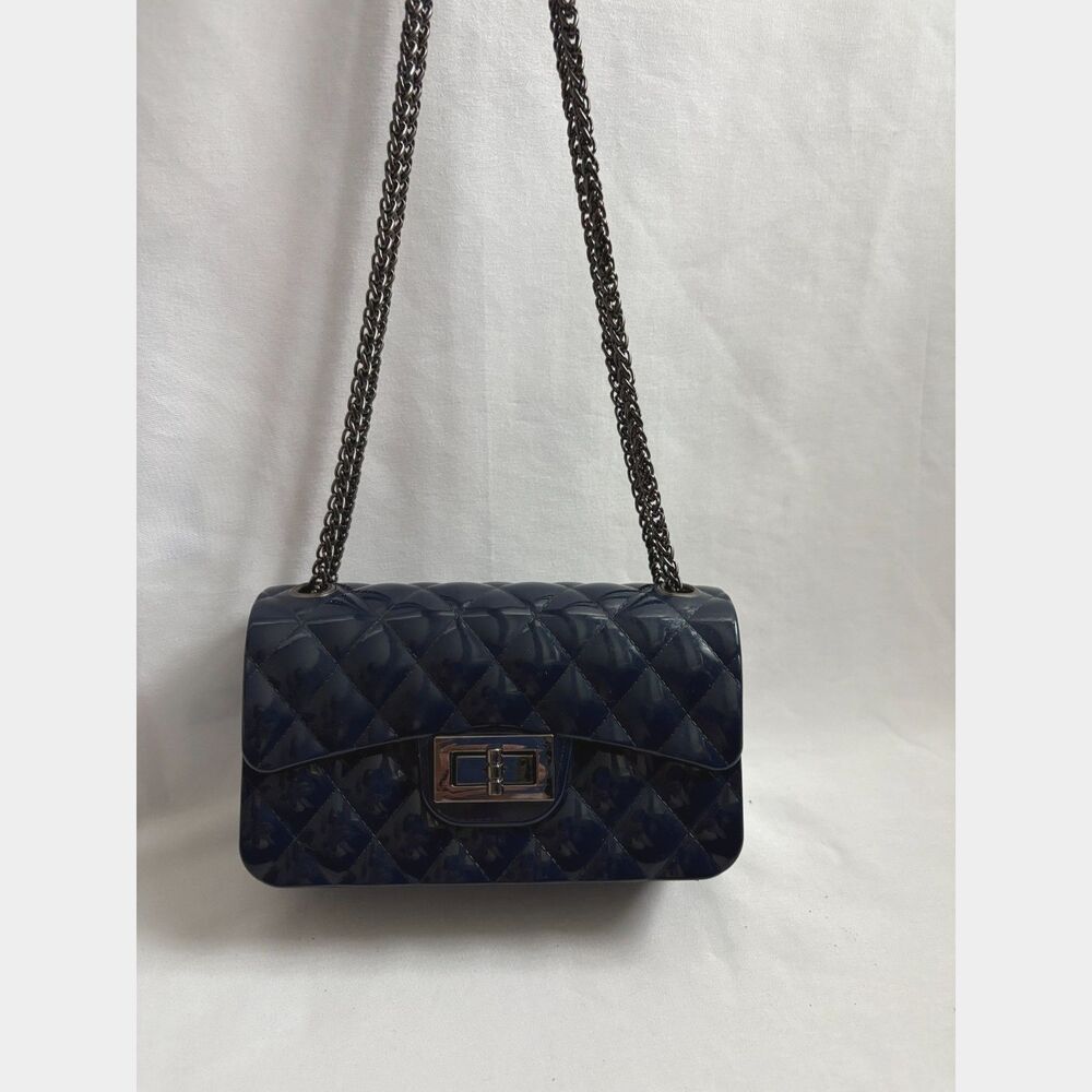 Mini Vinyl Quilted Bag Purse Navy Blue Chain Classy Formal Evening Bag